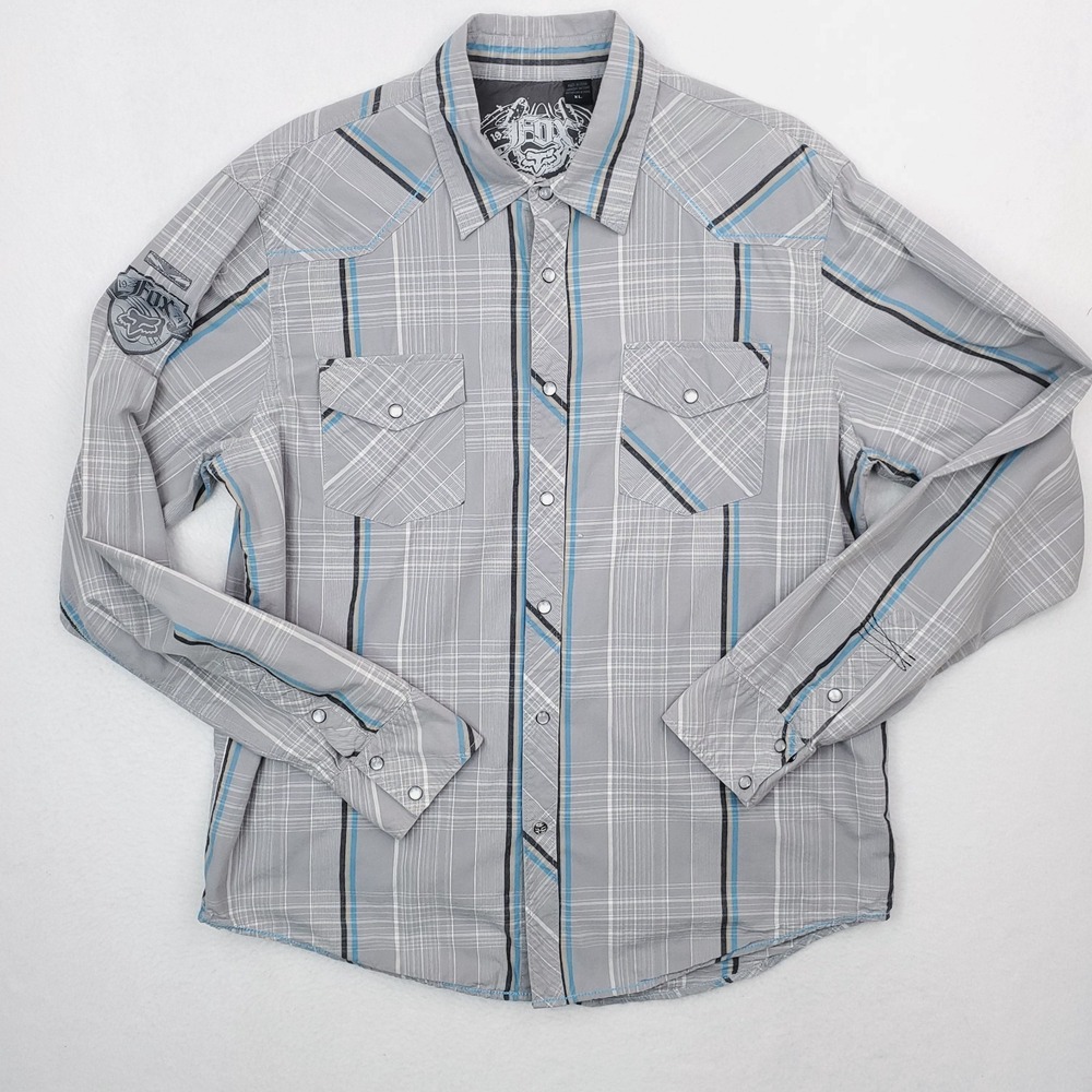 Fox Racing Shirt Mens Extra Large Gray Blue Plaid Western Pearl Snap Cowboy‎